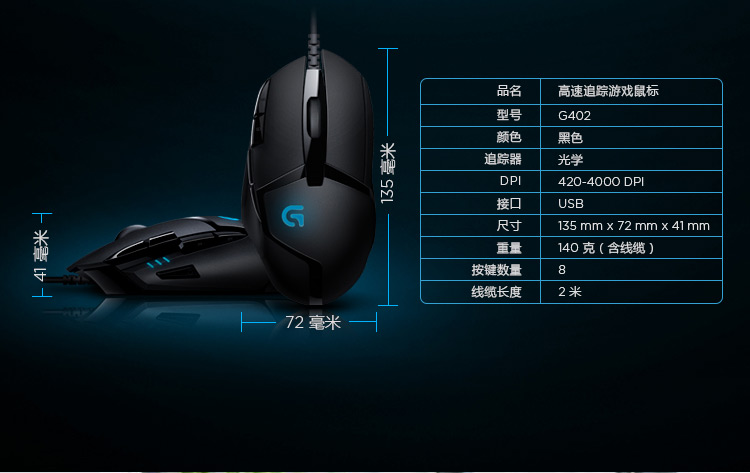 商品名称:罗技 g402 游戏鼠标 品牌:罗技(logitech)